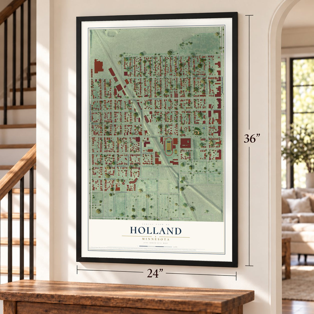 Holland, Minneapolis, Minnesota map, 24 x 36 inch print in a black frame by a staircase