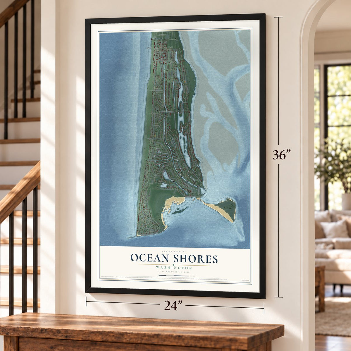 Ocean Shores, Washington map, 24 x 36 inch print in a black frame by a staircase