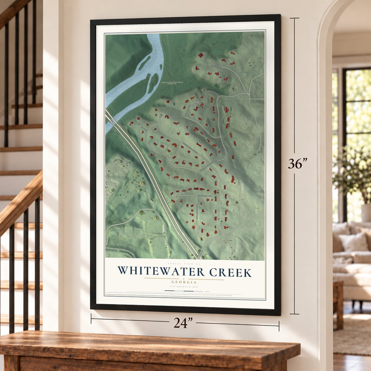 Whitewater Creek, Georgia map, 24 x 36 inch print in a black frame by a staircase