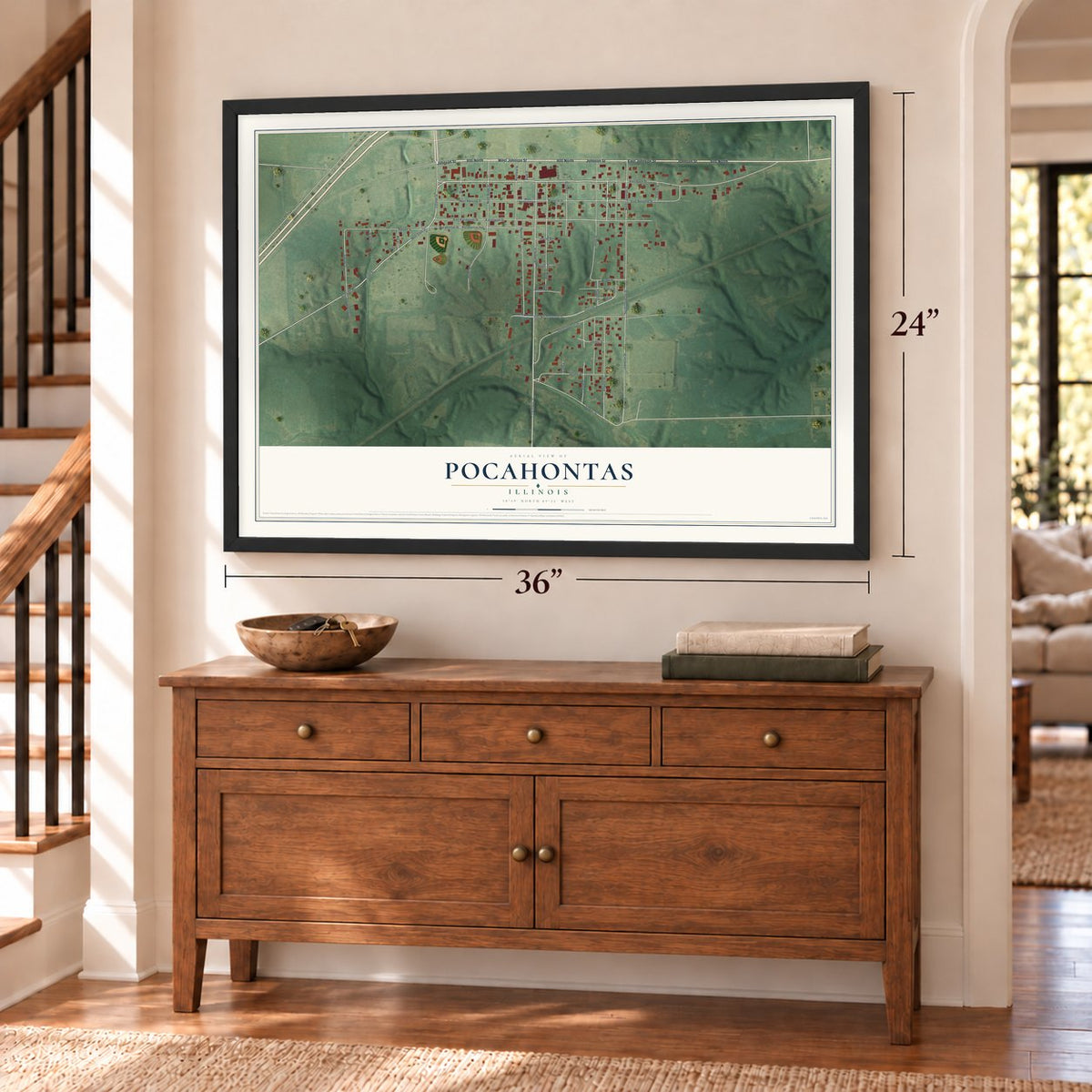 Pocahontas, Illinois map, 24 x 36 inch print in a black frame above a dresser by a staircase