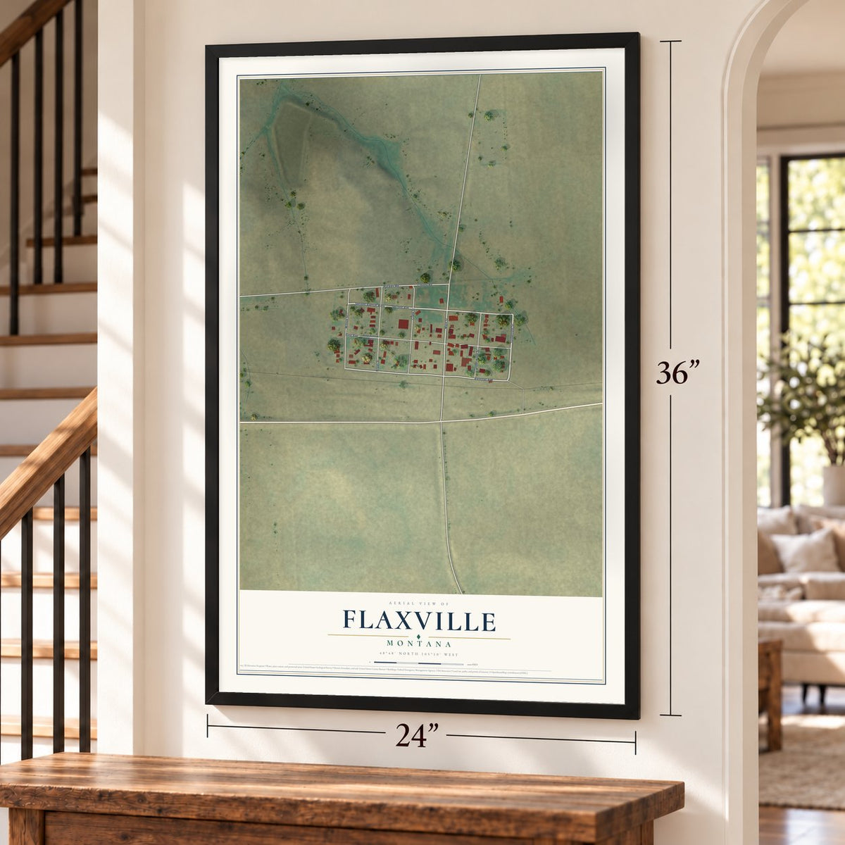 Flaxville, Montana map, 24 x 36 inch print in a black frame by a staircase