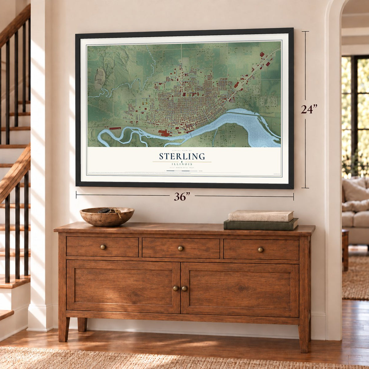 Sterling, Illinois map, 24 x 36 inch print in a black frame above a dresser by a staircase