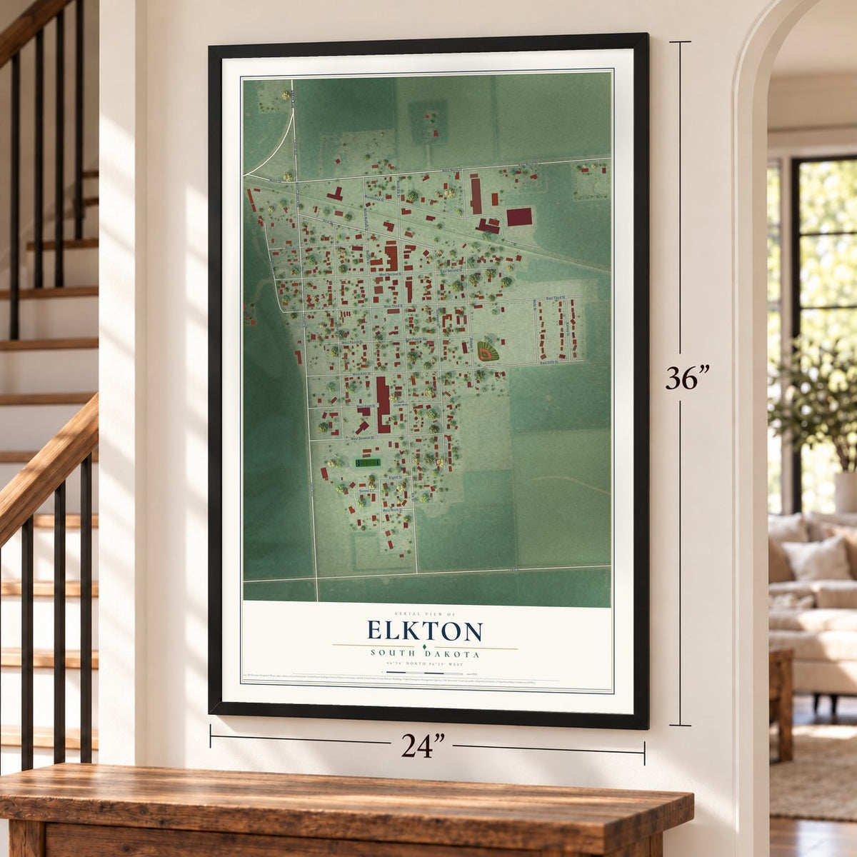 Elkton, South Dakota map, 24 x 36 inch print in a black frame by a staircase