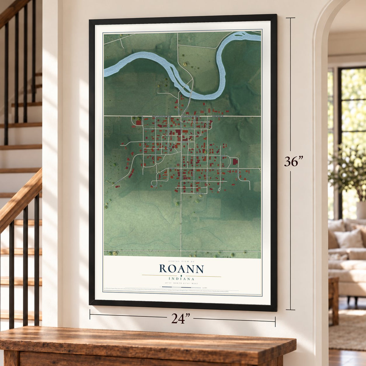Roann, Indiana map, 24 x 36 inch print in a black frame by a staircase