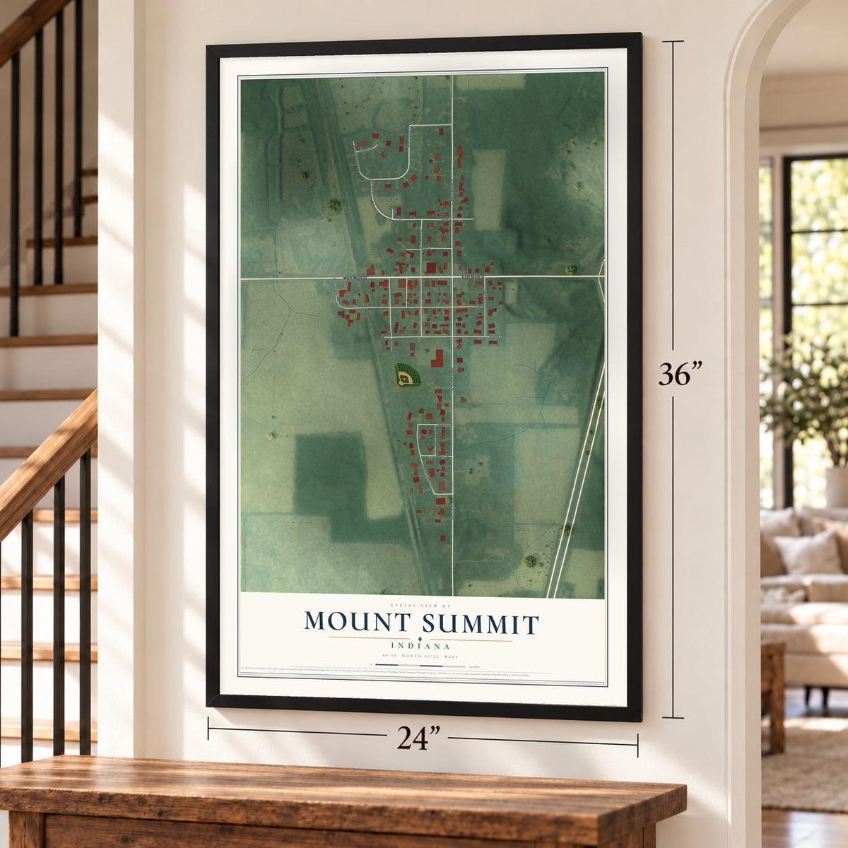 Mount Summit, Indiana map, 24 x 36 inch print in a black frame by a staircase