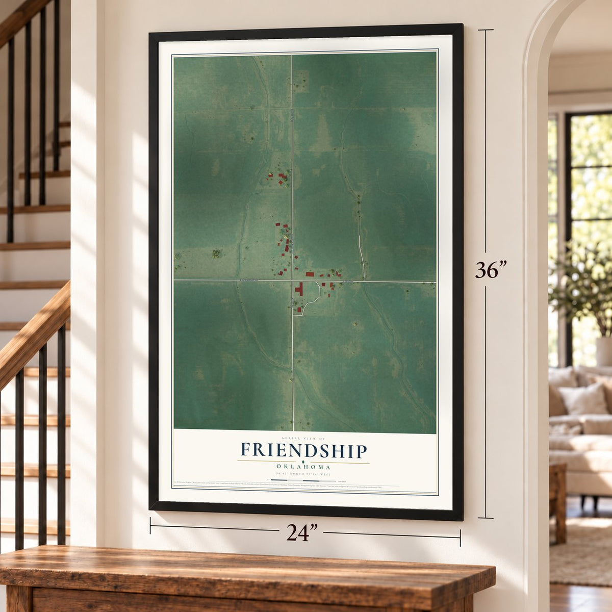 Friendship, Oklahoma map, 24 x 36 inch print in a black frame by a staircase