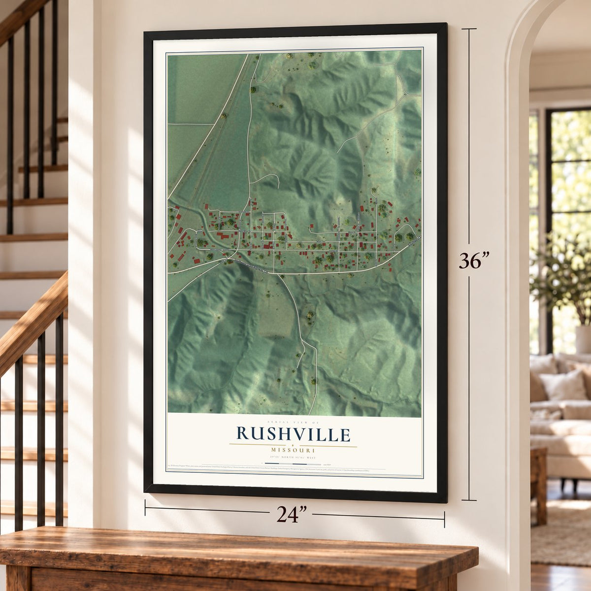 Rushville, Missouri map, 24 x 36 inch print in a black frame by a staircase