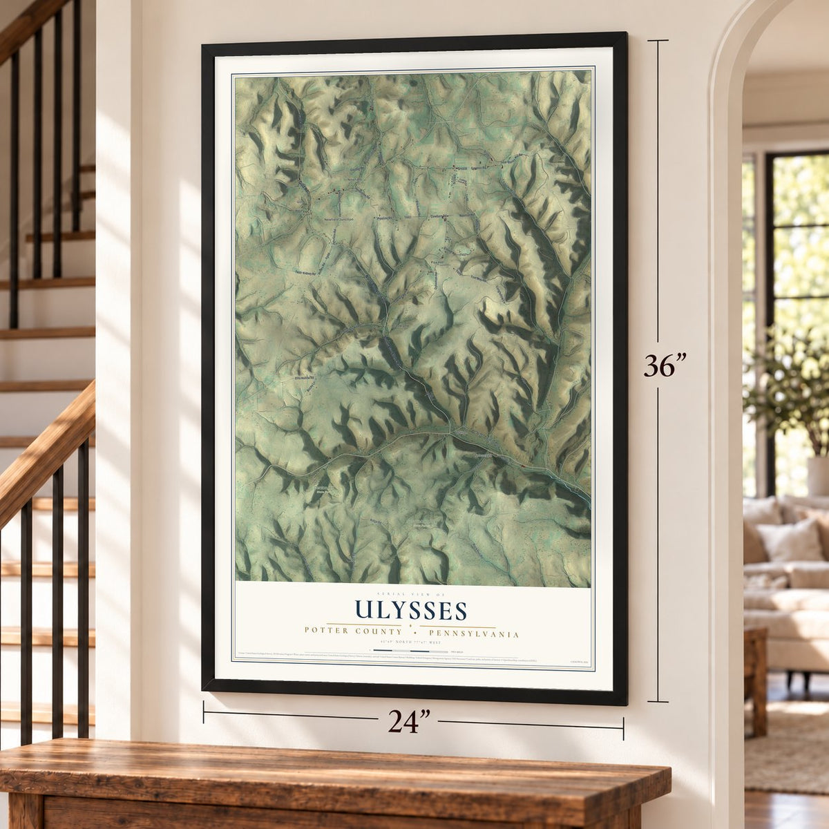 Ulysses, Potter County, Pennsylvania map, 24 x 36 inch print in a black frame by a staircase