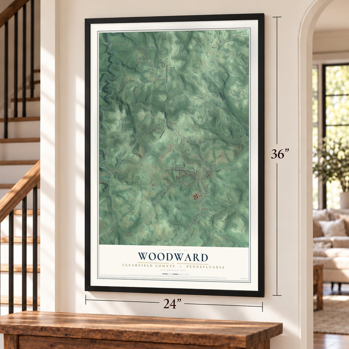 Woodward, Clearfield County, Pennsylvania map, 24 x 36 inch print in a black frame by a staircase