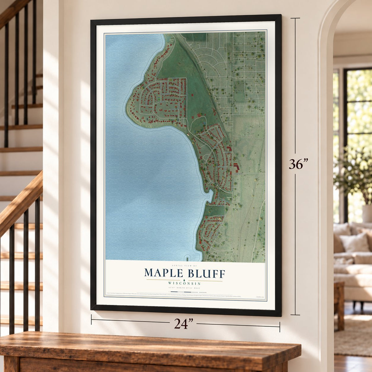 Maple Bluff, Wisconsin map, 24 x 36 inch print in a black frame by a staircase