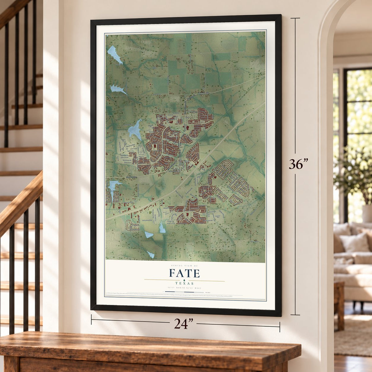 Fate, Texas map, 24 x 36 inch print in a black frame by a staircase
