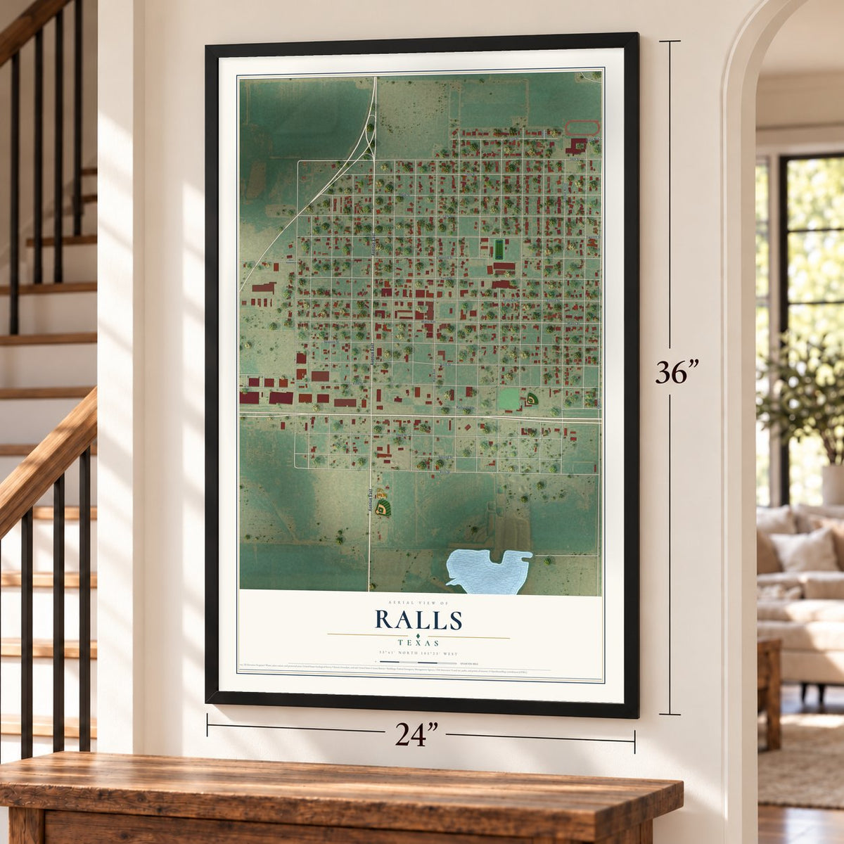 Ralls, Texas map, 24 x 36 inch print in a black frame by a staircase