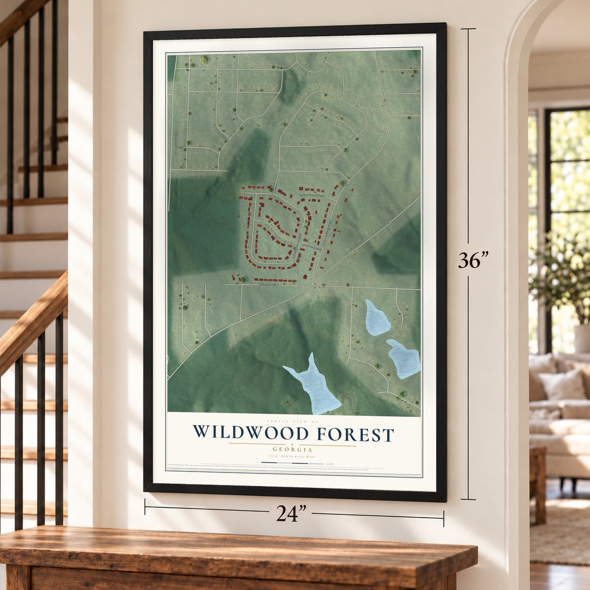Wildwood Forest, Georgia map, 24 x 36 inch print in a black frame by a staircase