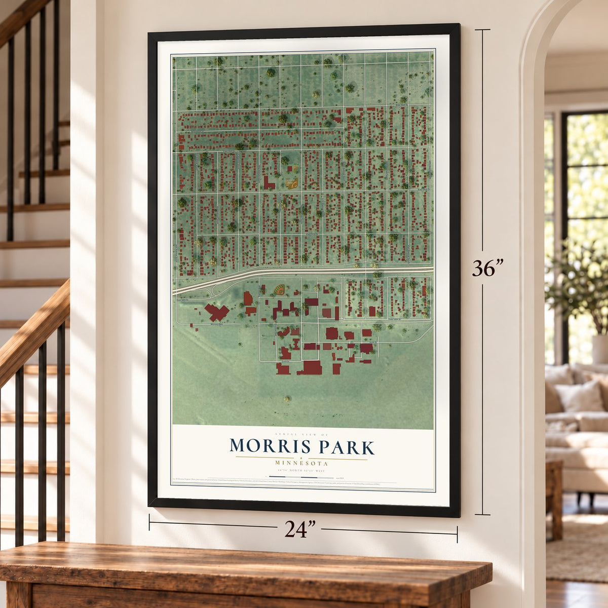 Morris Park, Minnesota map, 24 x 36 inch print in a black frame by a staircase