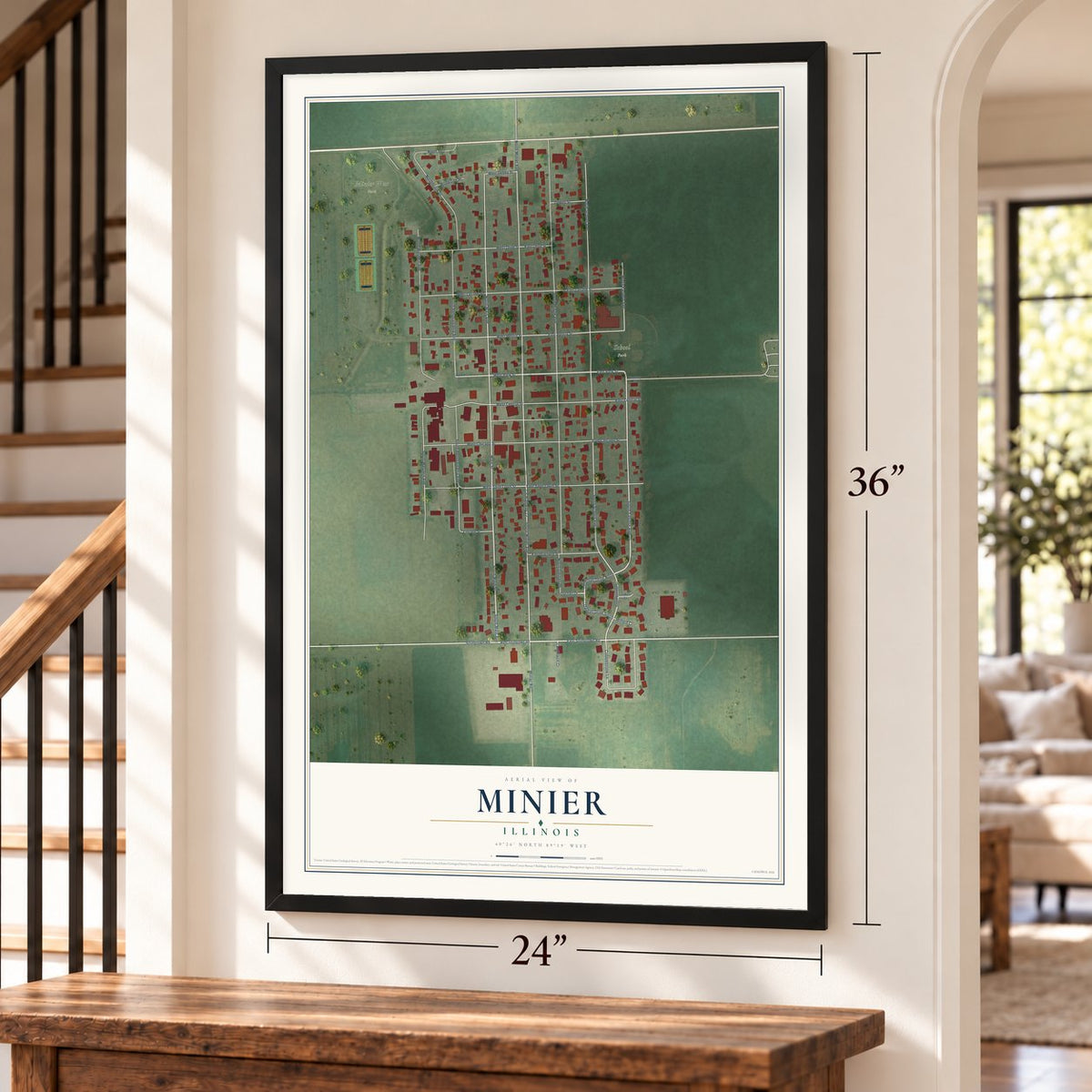 Minier, Illinois map, 24 x 36 inch print in a black frame by a staircase