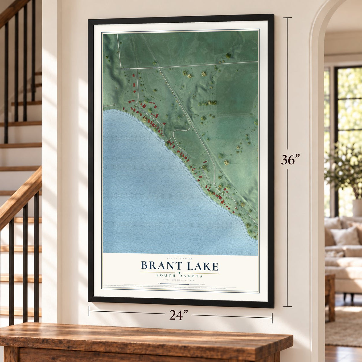 Brant Lake, South Dakota map, 24 x 36 inch print in a black frame by a staircase