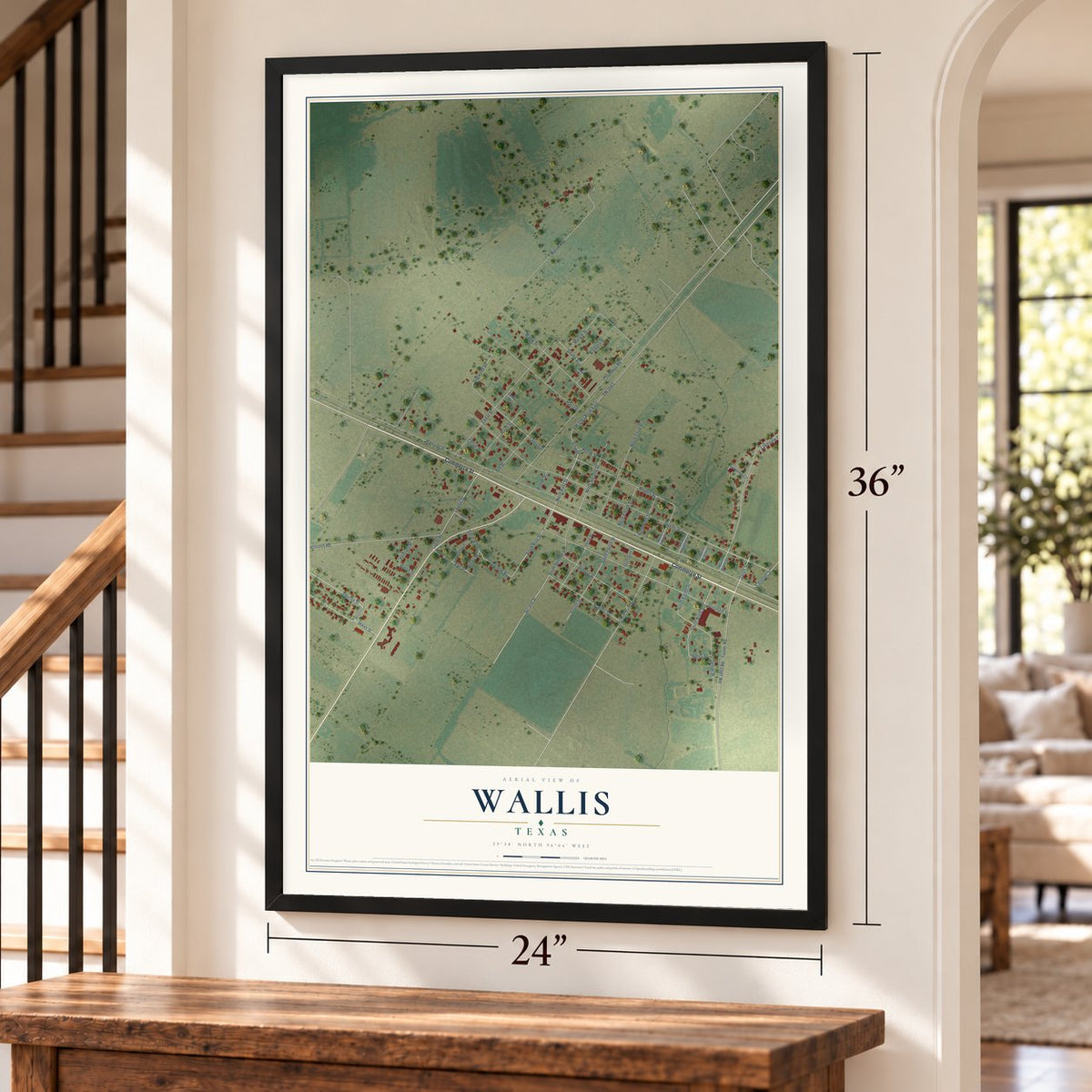 Wallis, Texas map, 24 x 36 inch print in a black frame by a staircase