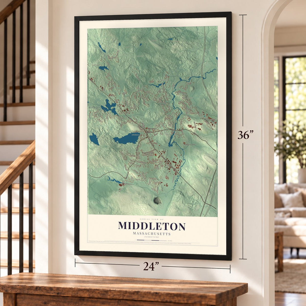 Middleton, Massachusetts map, 24 x 36 inch print in a black frame by a staircase
