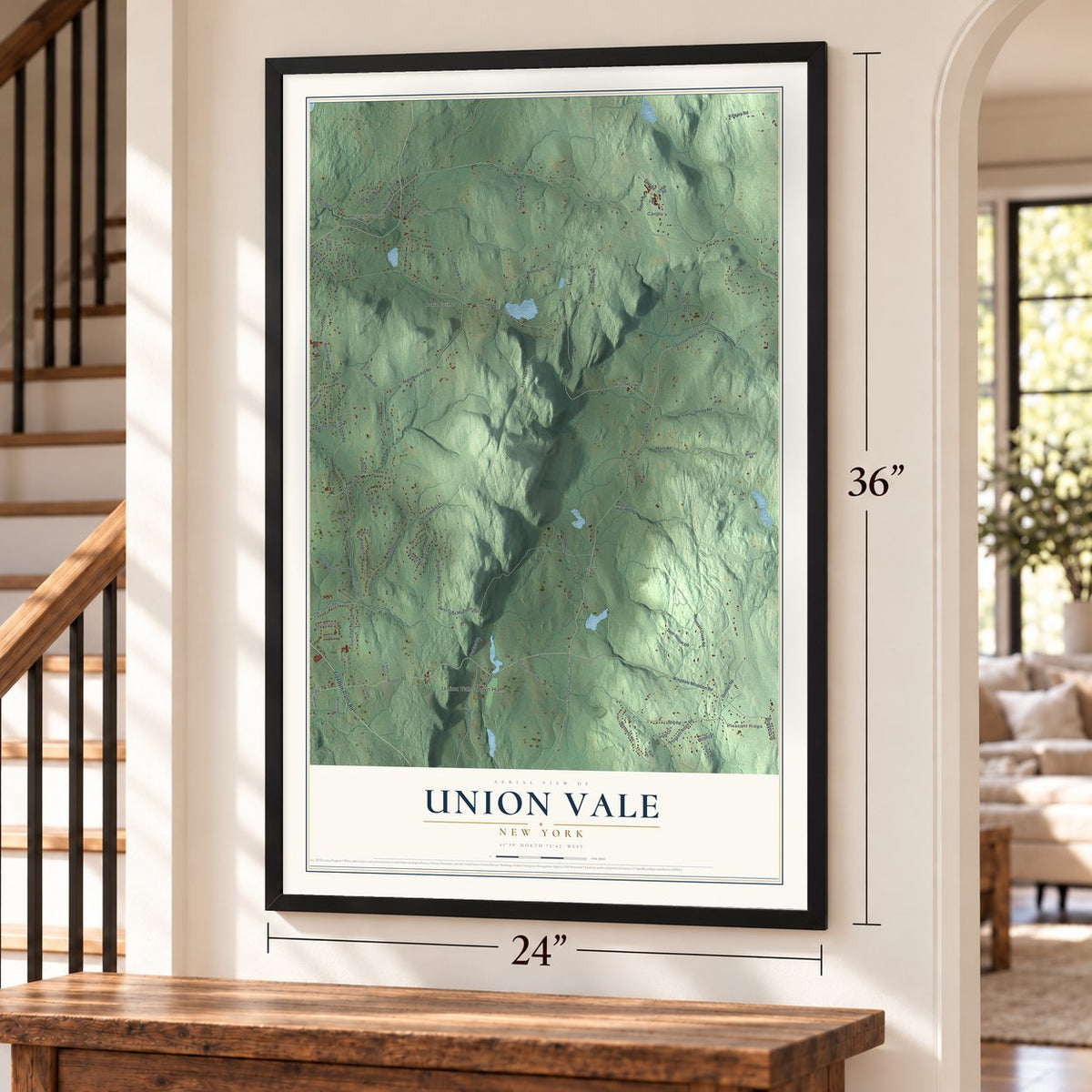 Union Vale, New York map, 24 x 36 inch print in a black frame by a staircase
