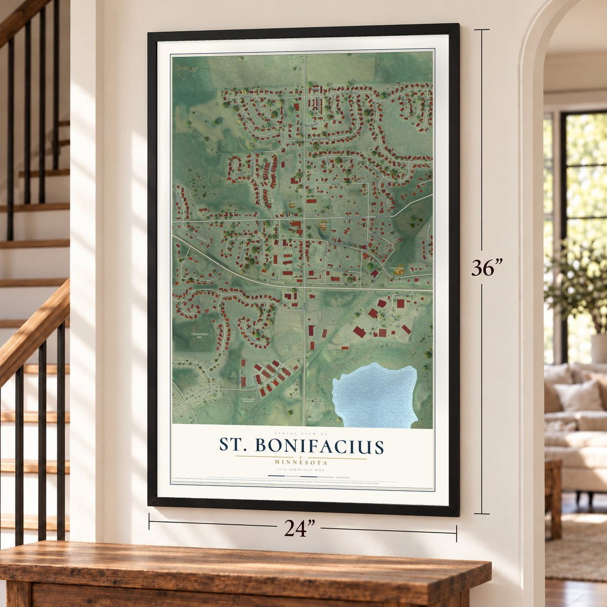 St. Bonifacius, Minnesota map, 24 x 36 inch print in a black frame by a staircase