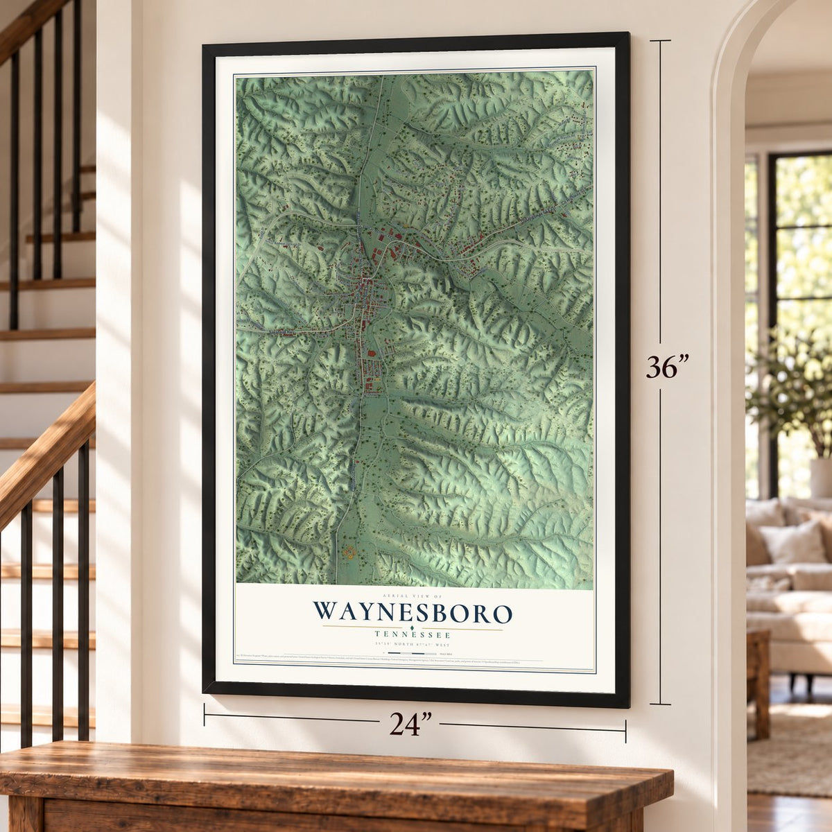 Waynesboro, Tennessee map, 24 x 36 inch print in a black frame by a staircase