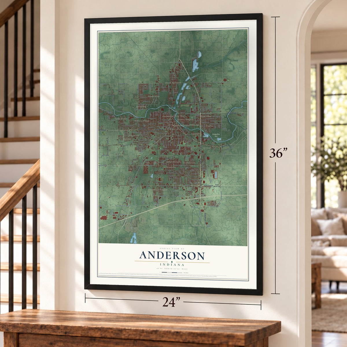 Anderson, Indiana map, 24 x 36 inch print in a black frame by a staircase