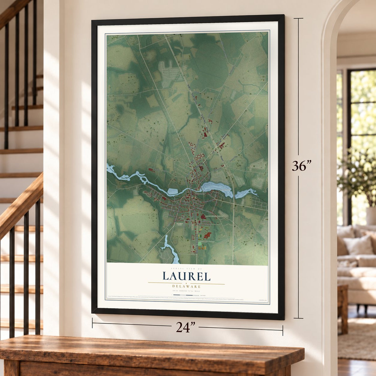 Laurel, Delaware map, 24 x 36 inch print in a black frame by a staircase