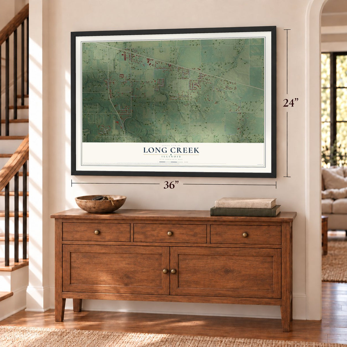 Long Creek, Illinois map, 24 x 36 inch print in a black frame above a dresser by a staircase