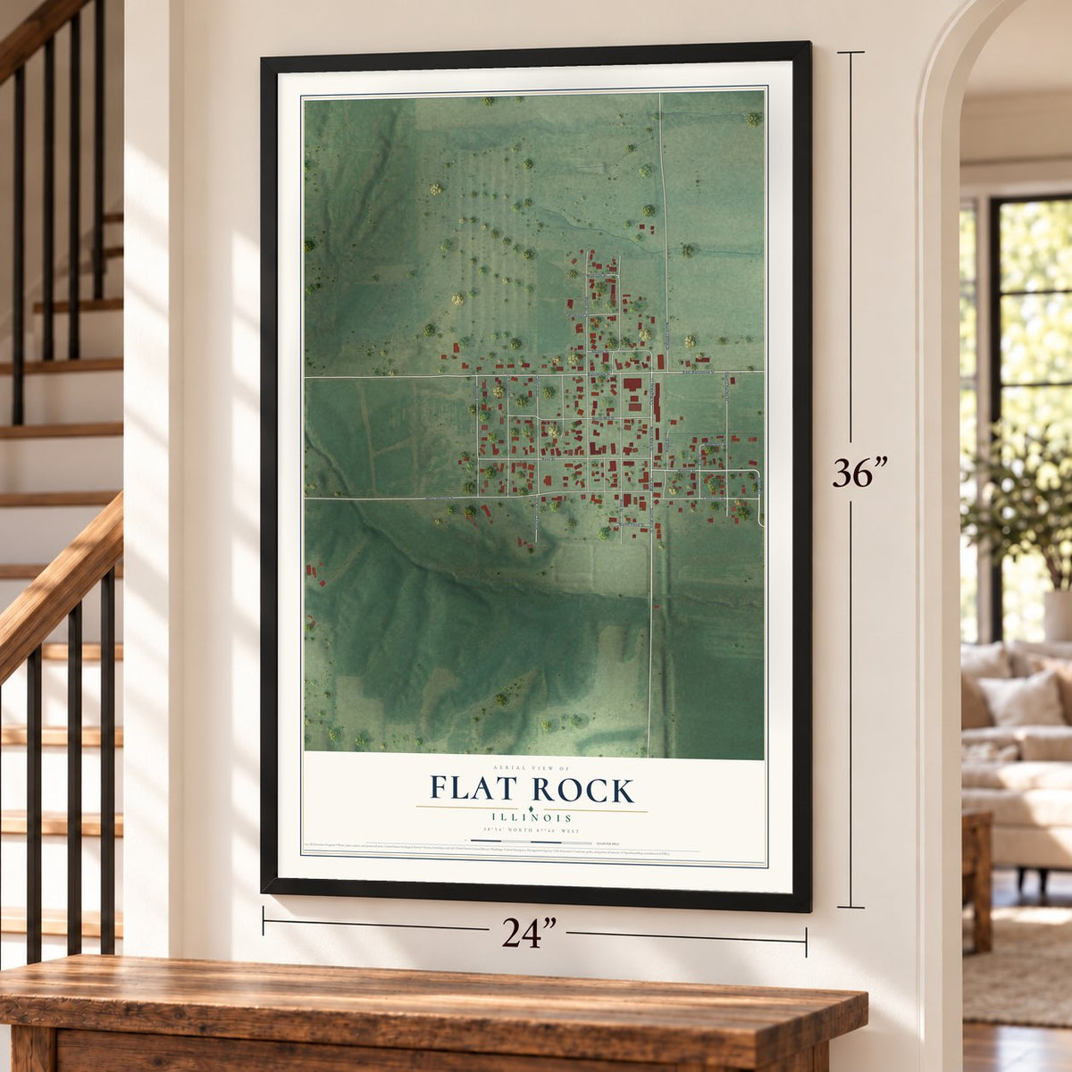 Flat Rock, Illinois map, 24 x 36 inch print in a black frame by a staircase