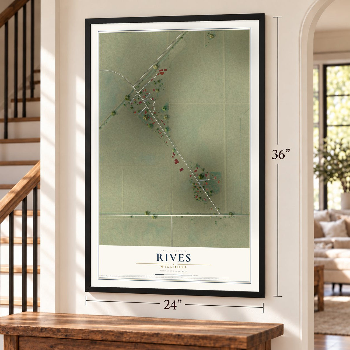 Rives, Missouri map, 24 x 36 inch print in a black frame by a staircase
