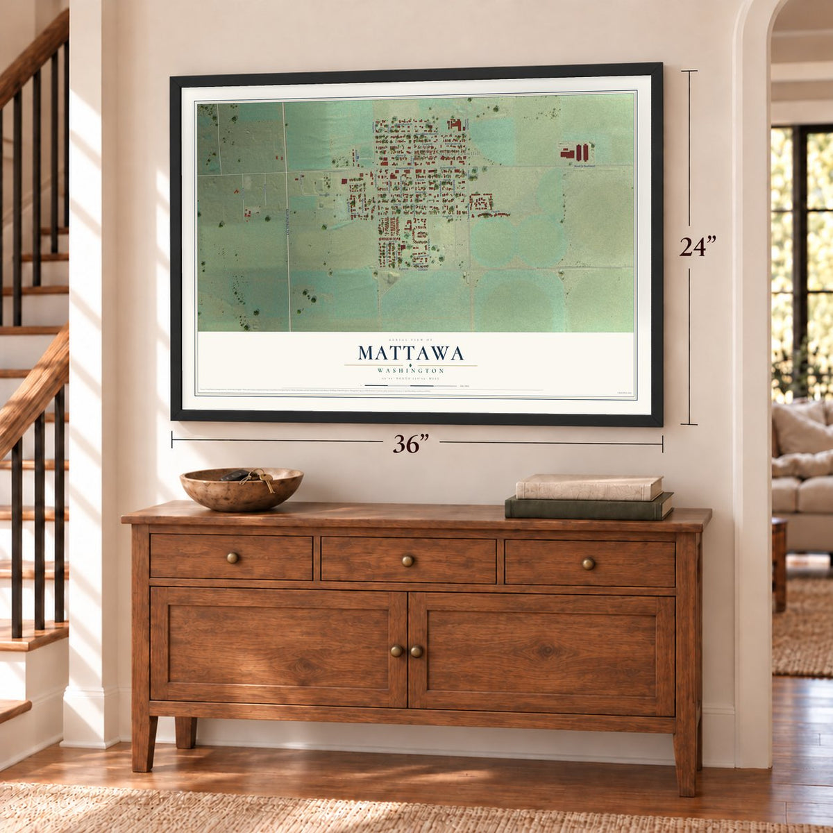 Mattawa, Washington map, 24 x 36 inch print in a black frame above a dresser by a staircase