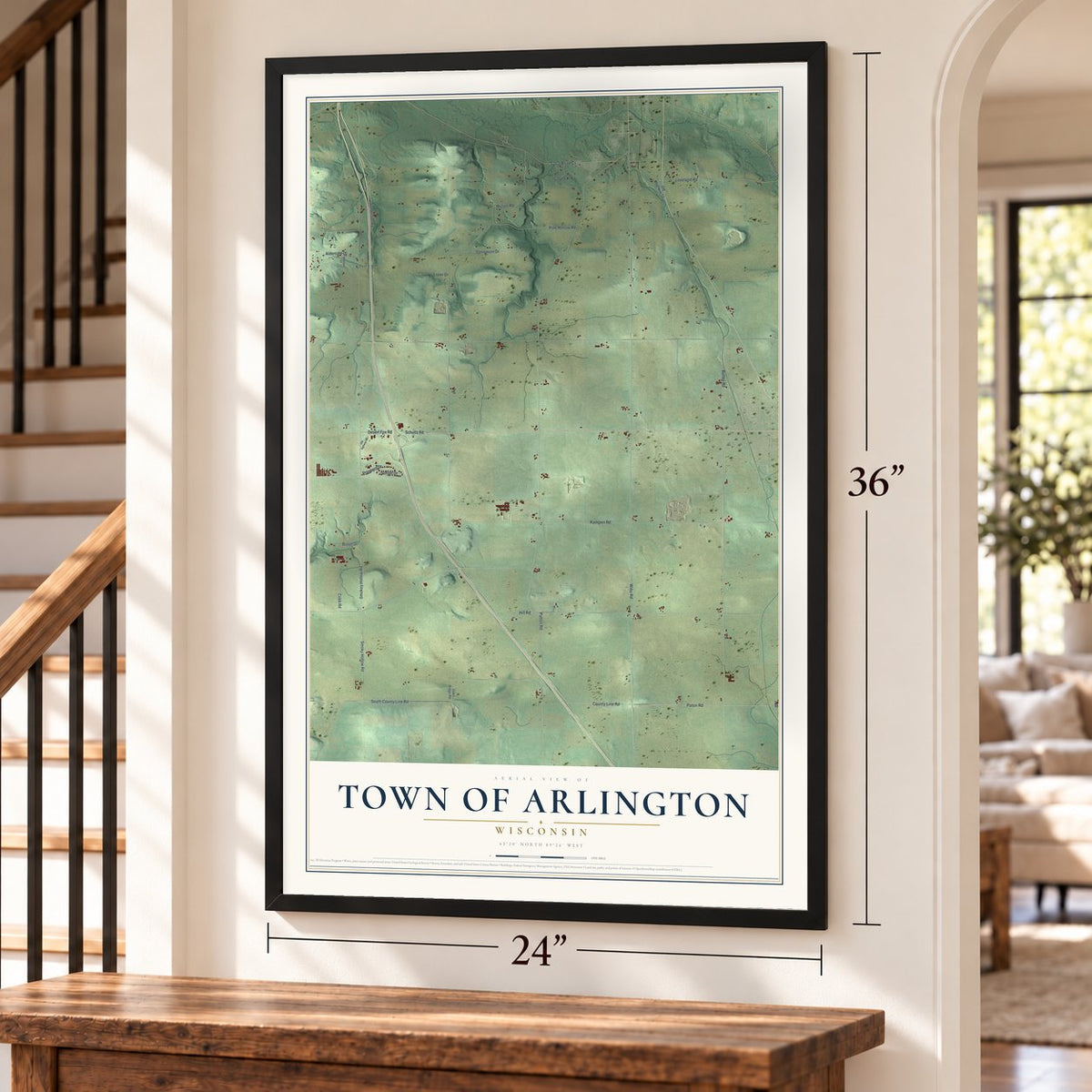 Town of Arlington, Wisconsin map, 24 x 36 inch print in a black frame by a staircase
