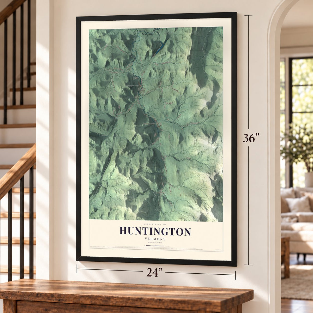 Huntington, Vermont map, 24 x 36 inch print in a black frame by a staircase