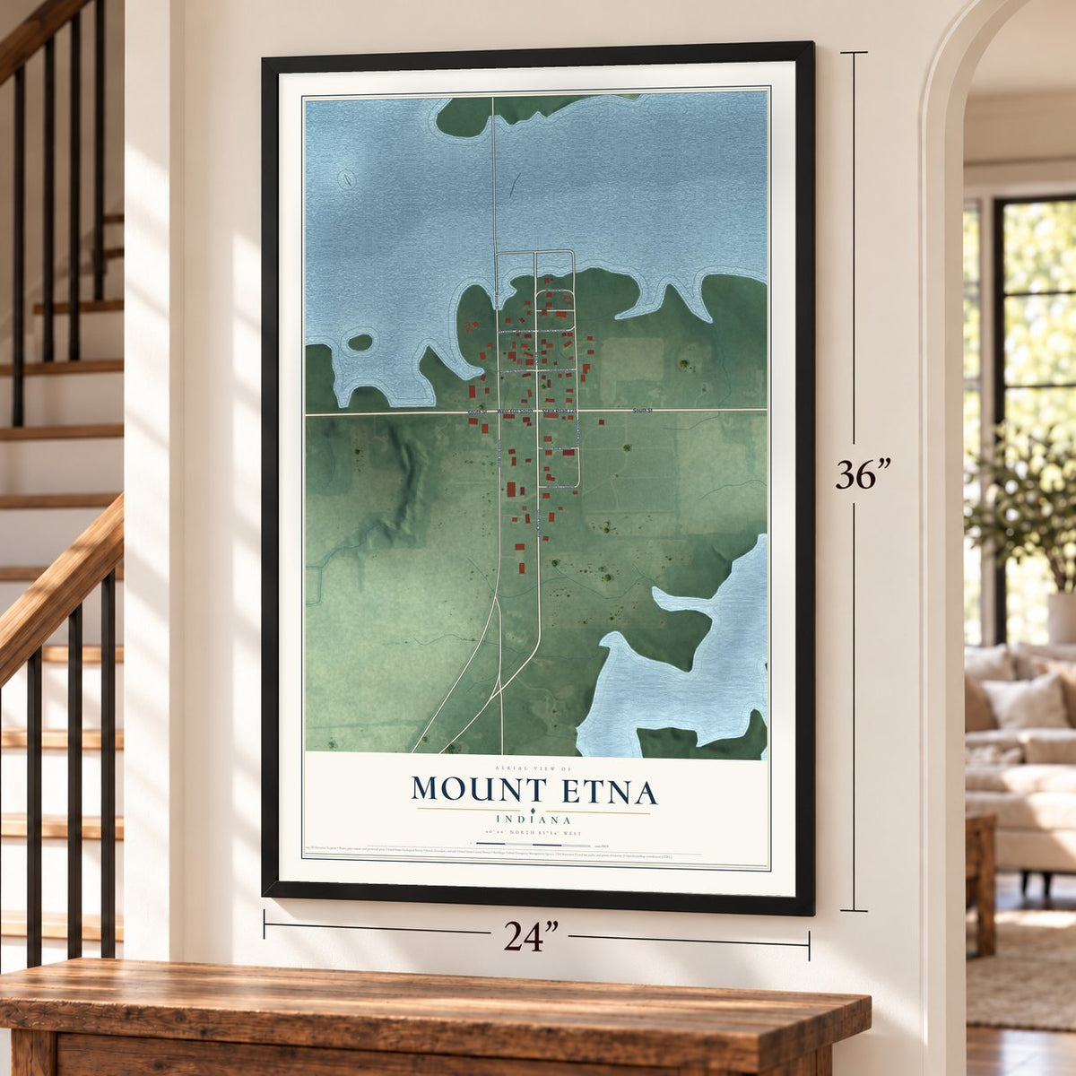 Mount Etna, Indiana map, 24 x 36 inch print in a black frame by a staircase