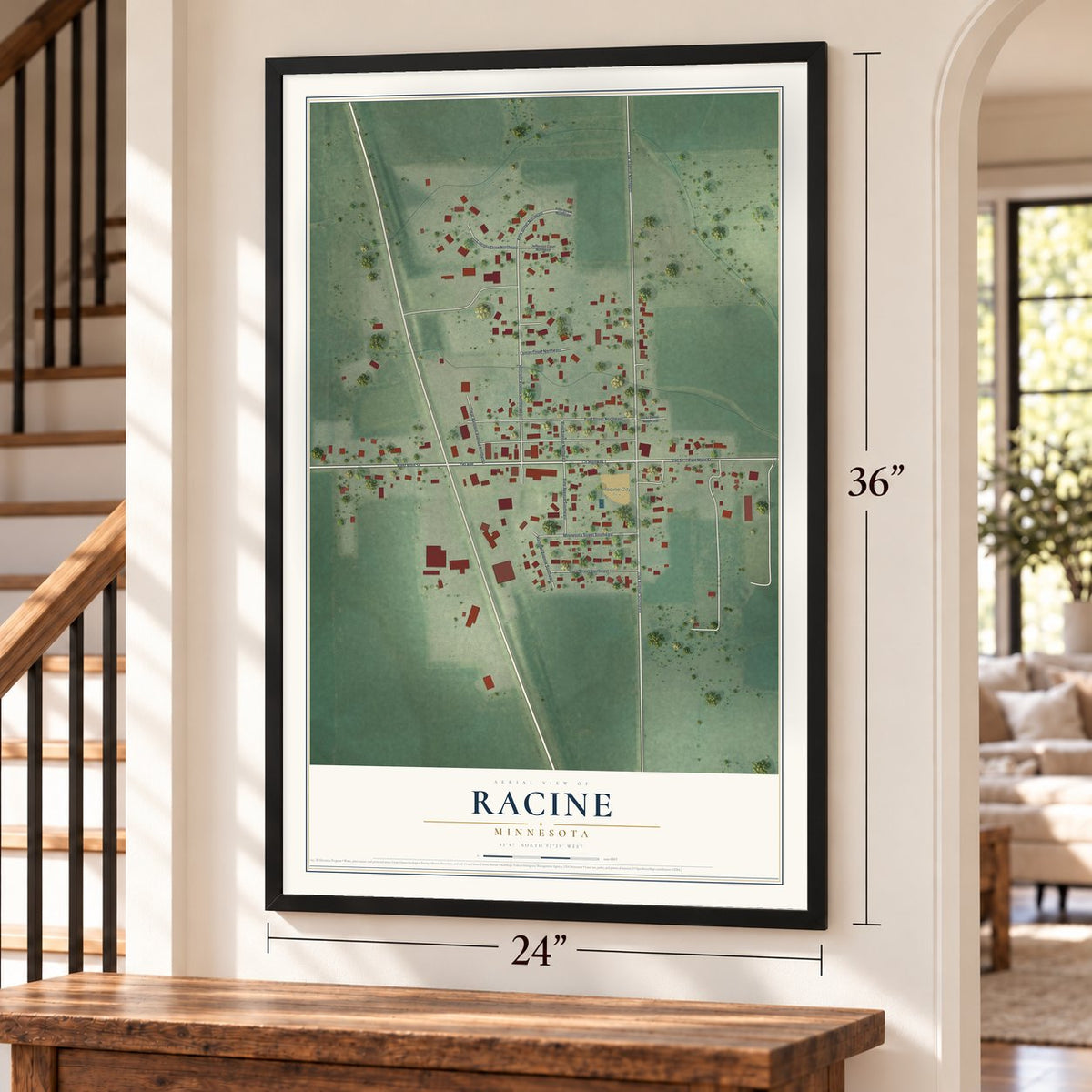 Racine, Minnesota map, 24 x 36 inch print in a black frame by a staircase