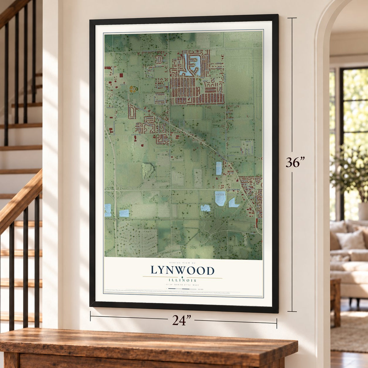 Lynwood, Illinois map, 24 x 36 inch print in a black frame by a staircase