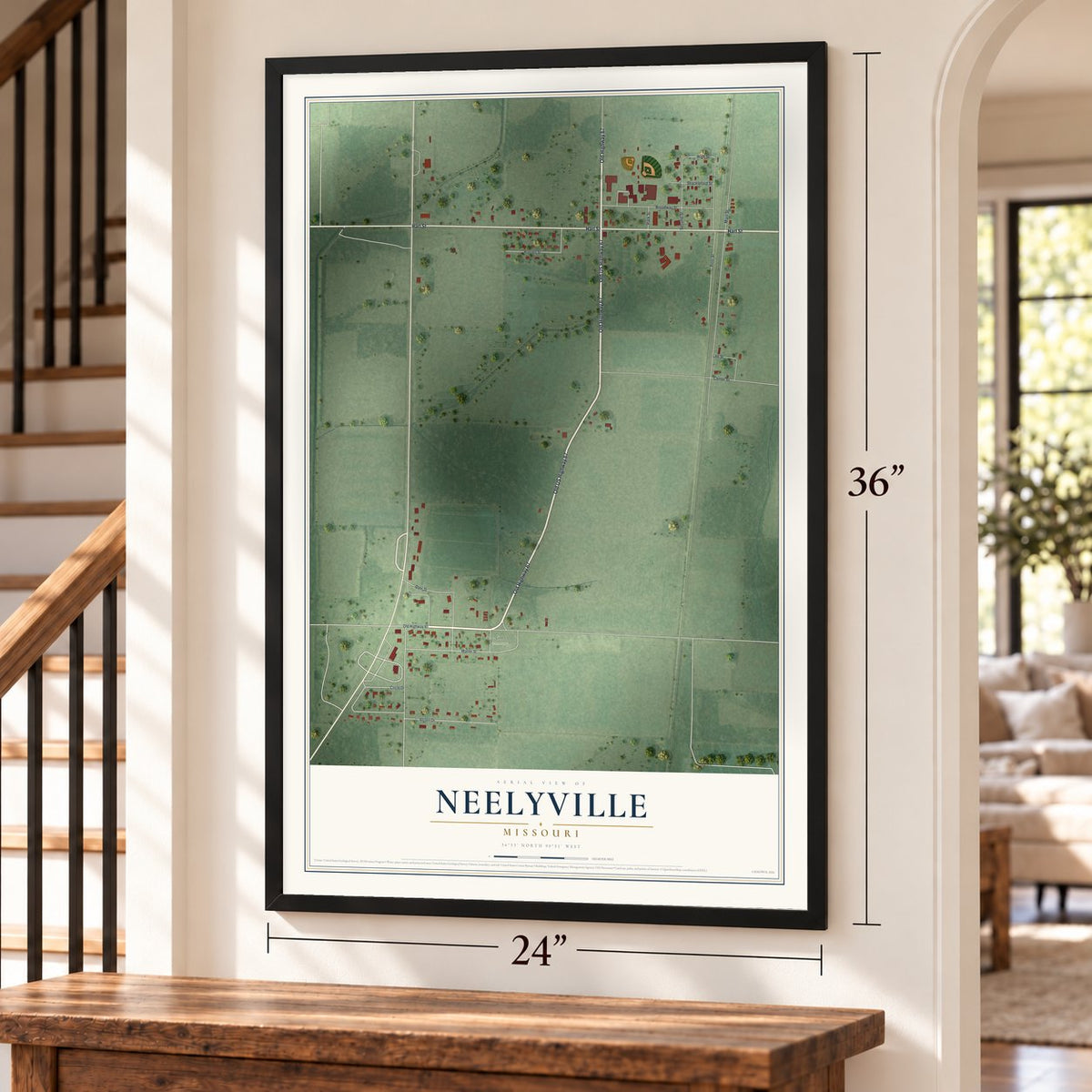Neelyville, Missouri map, 24 x 36 inch print in a black frame by a staircase