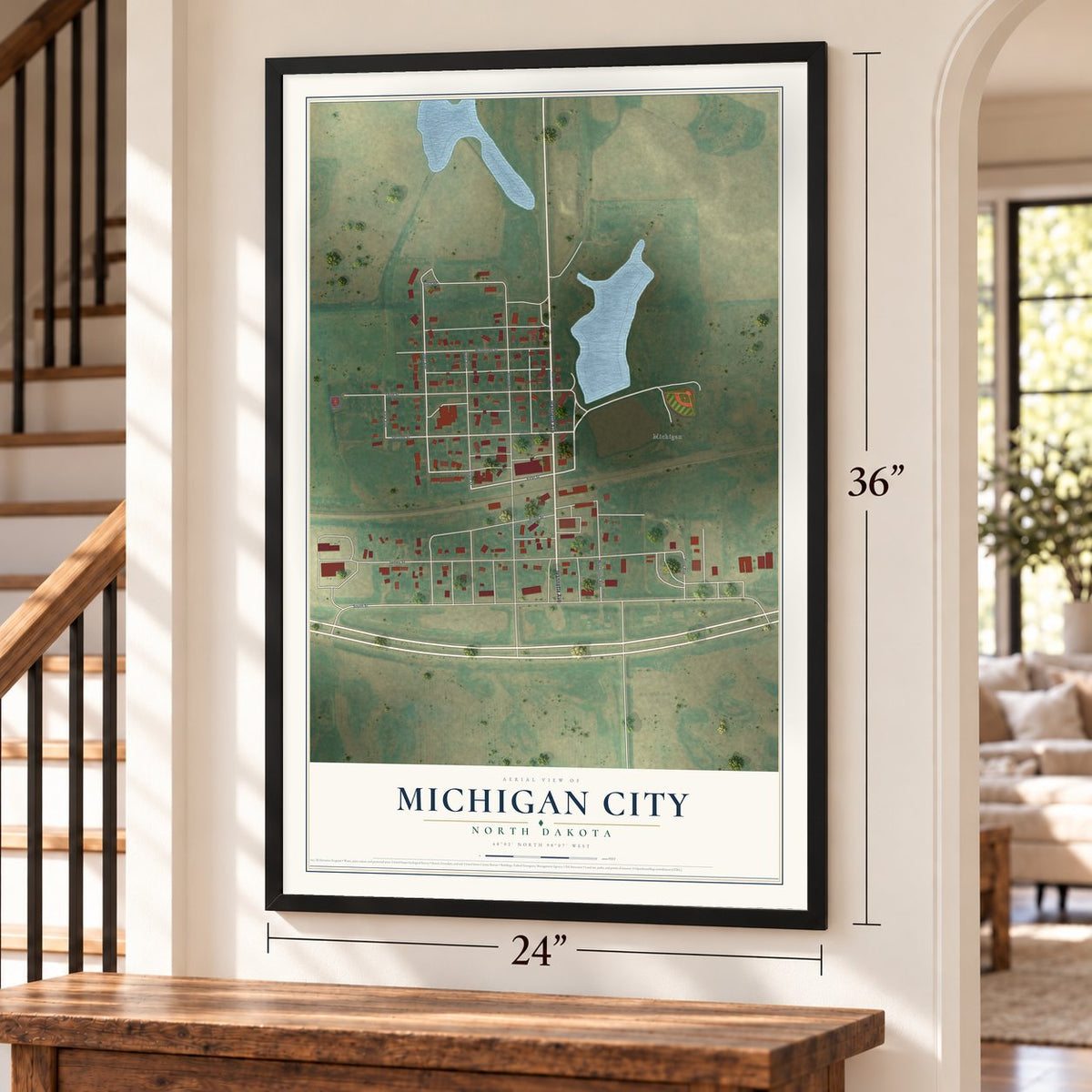 Michigan City, North Dakota map, 24 x 36 inch print in a black frame by a staircase