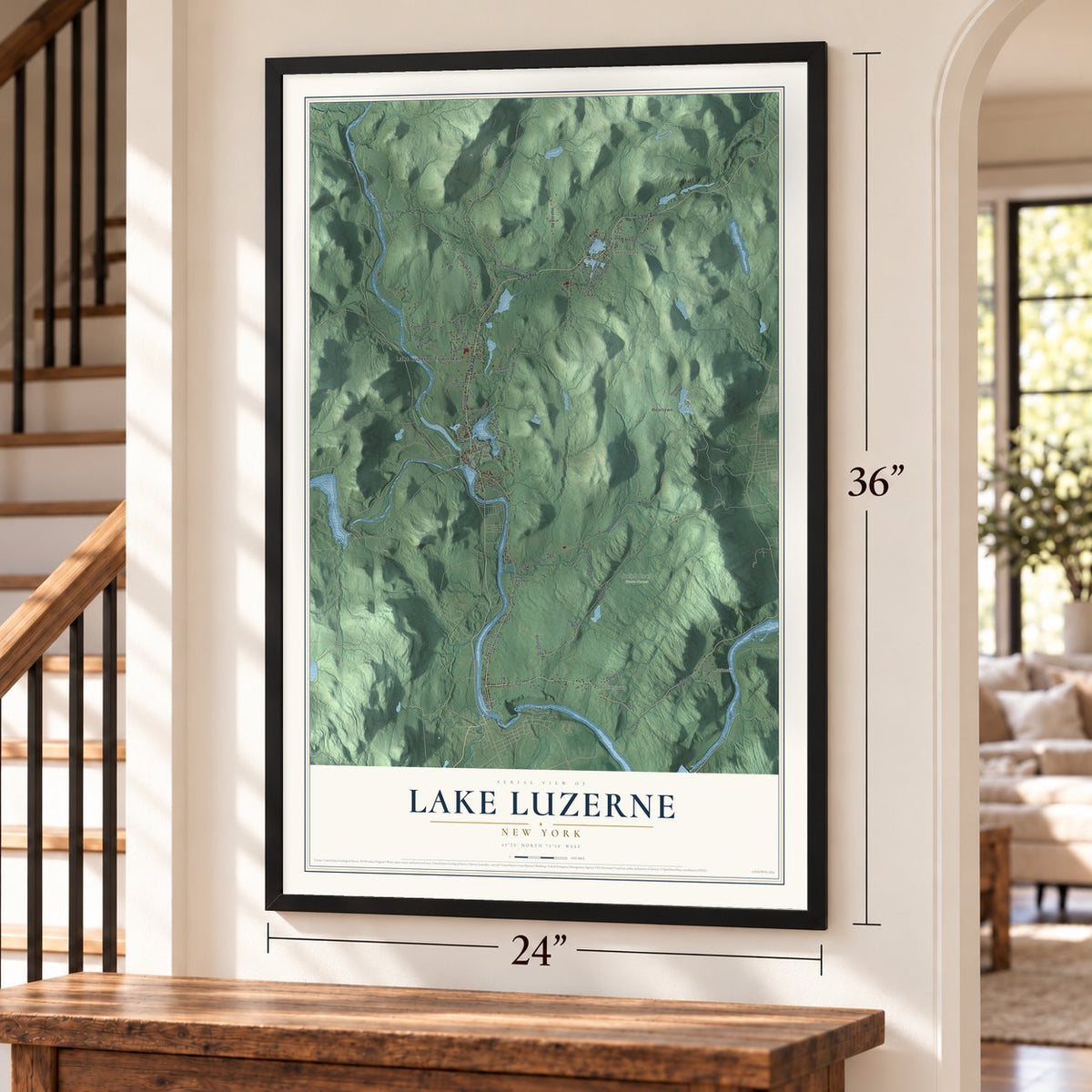 Lake Luzerne, New York map, 24 x 36 inch print in a black frame by a staircase