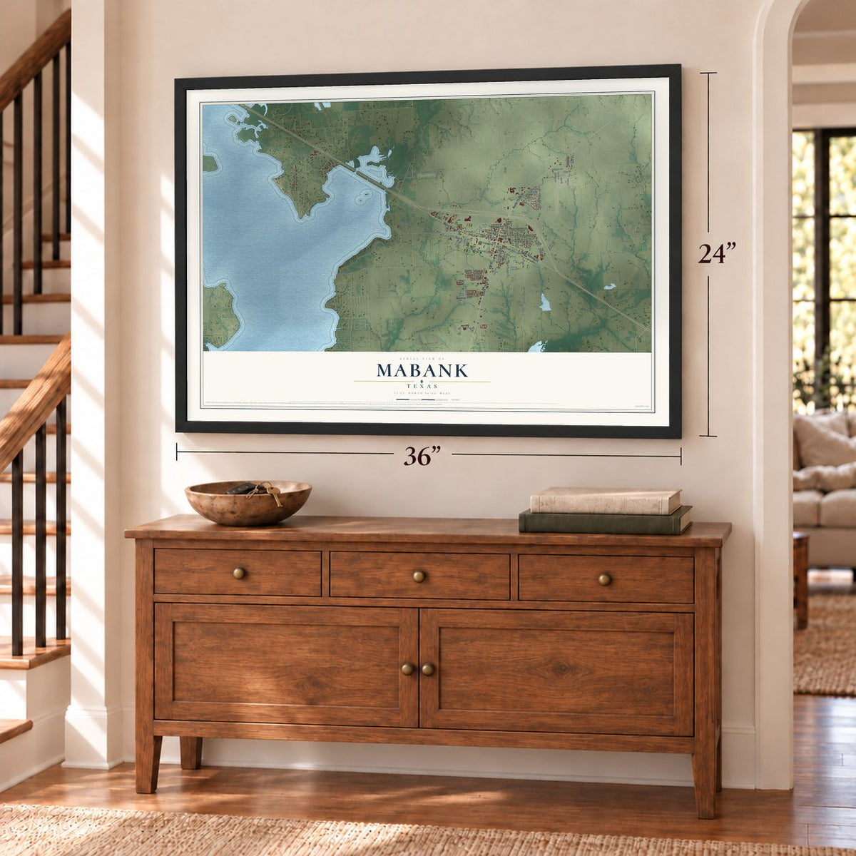 Mabank, Texas map, 24 x 36 inch print in a black frame above a dresser by a staircase