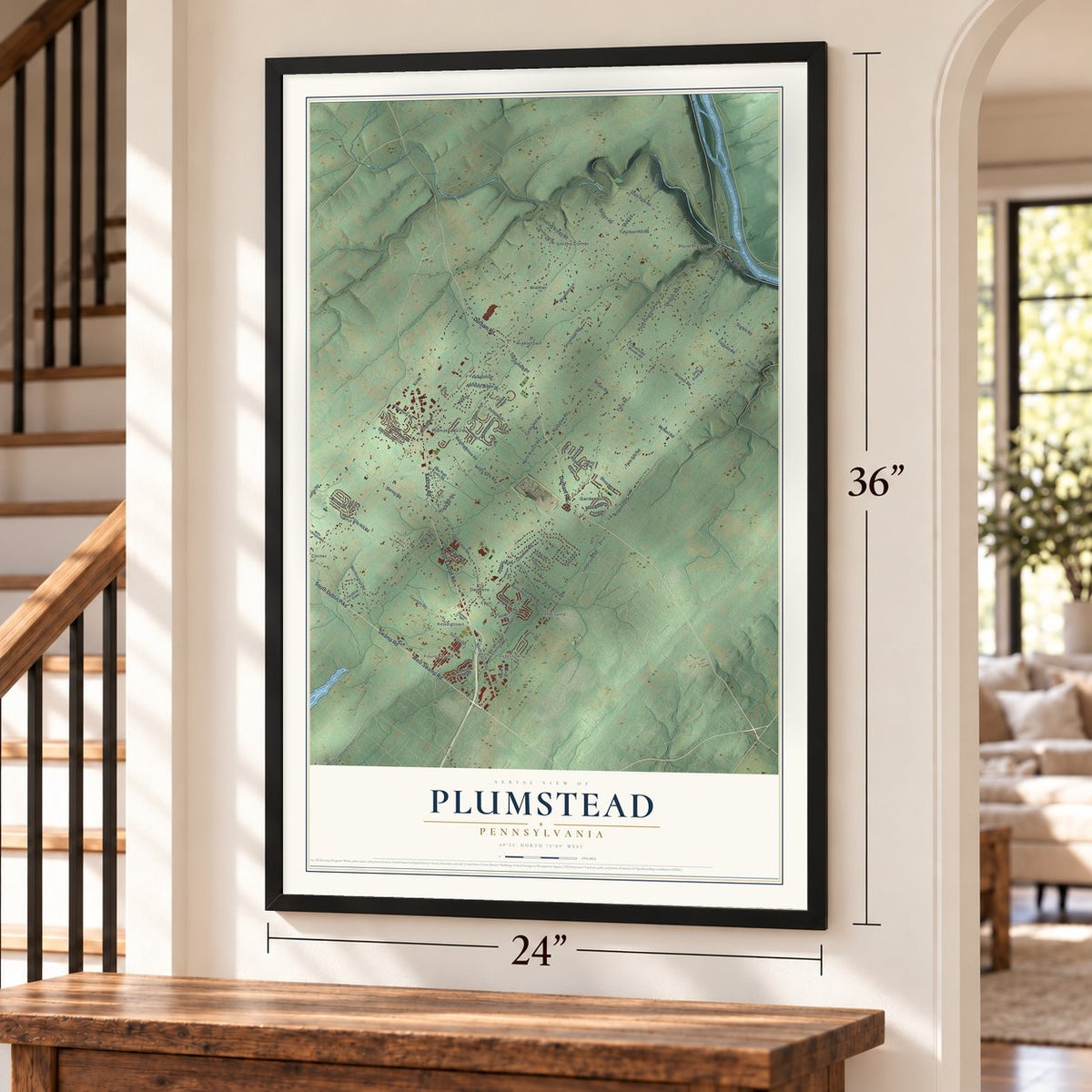 Plumstead, Pennsylvania map, 24 x 36 inch print in a black frame by a staircase