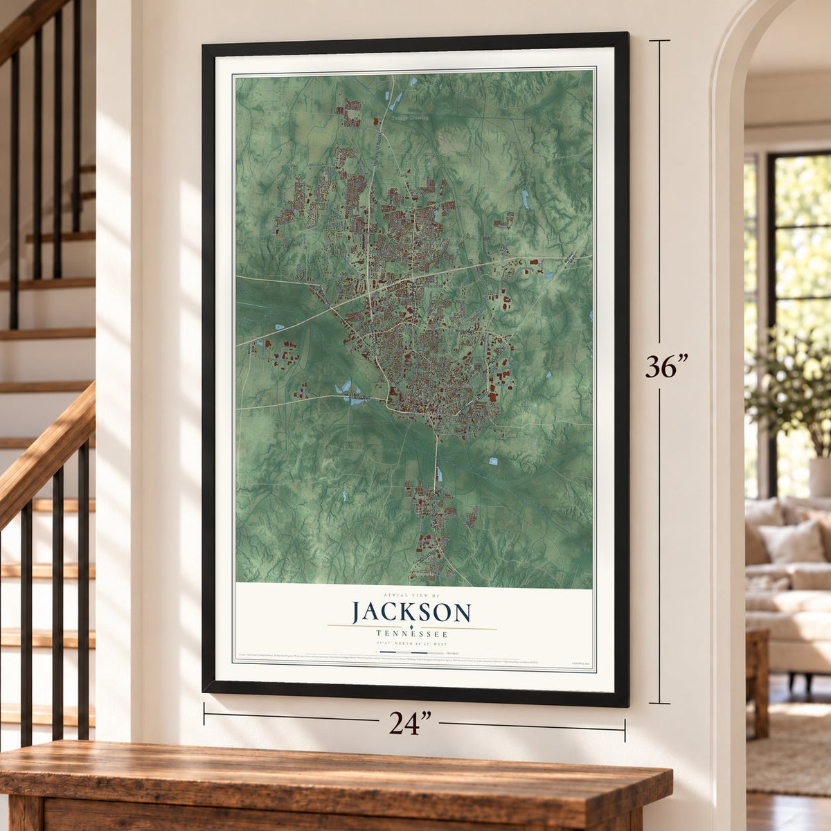 Jackson, Tennessee map, 24 x 36 inch print in a black frame by a staircase