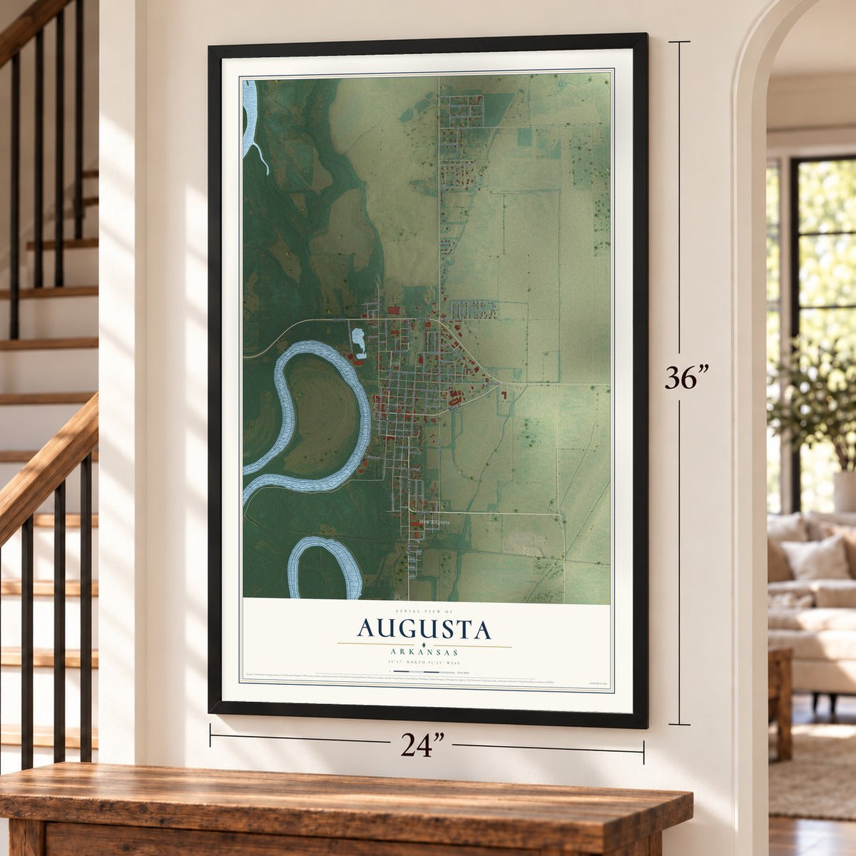 Augusta, Arkansas map, 24 x 36 inch print in a black frame by a staircase