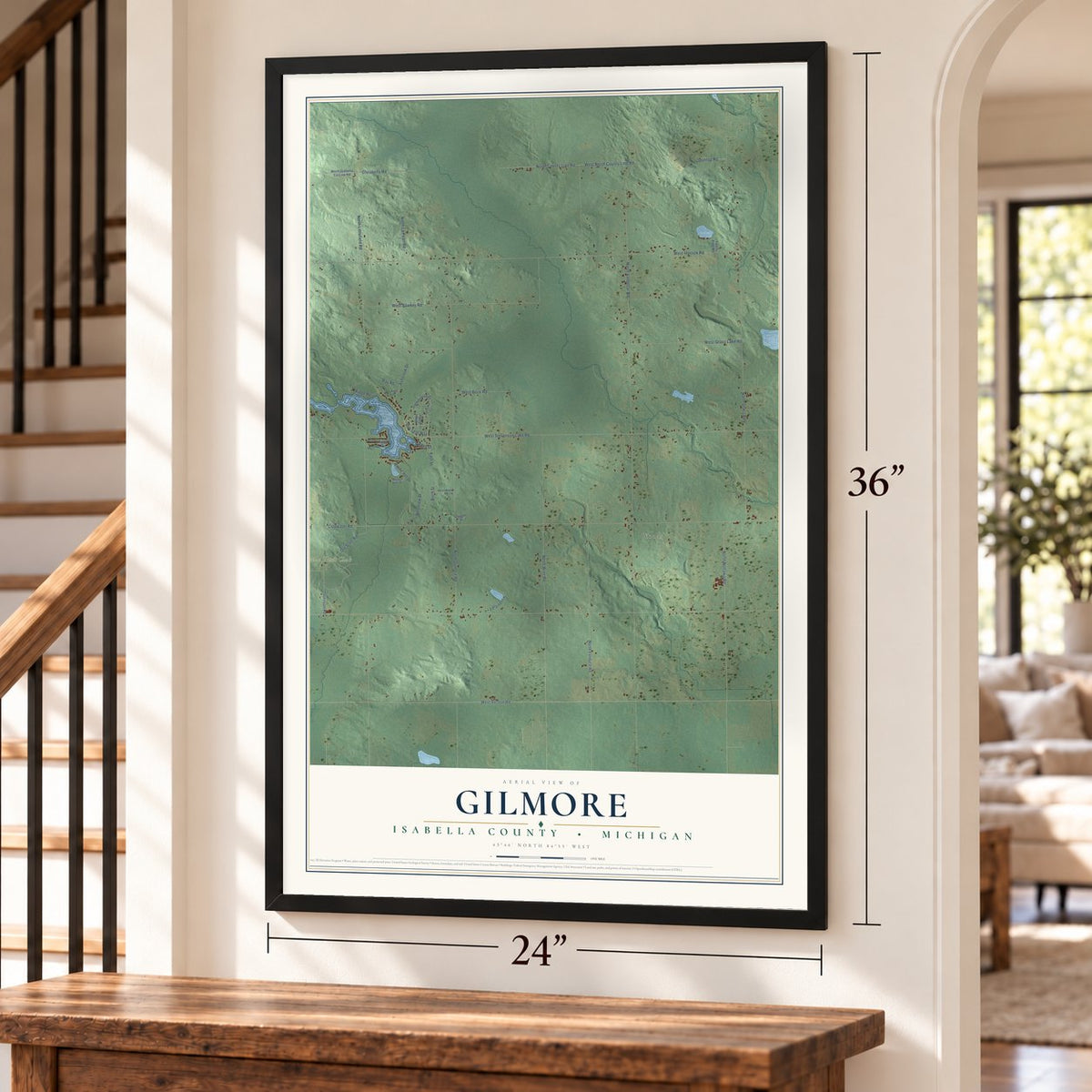 Gilmore, Isabella County, Michigan map, 24 x 36 inch print in a black frame by a staircase
