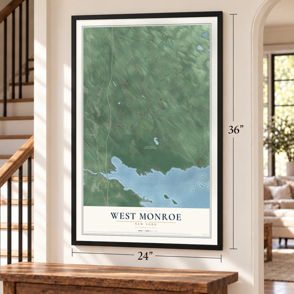 West Monroe, New York map, 24 x 36 inch print in a black frame by a staircase