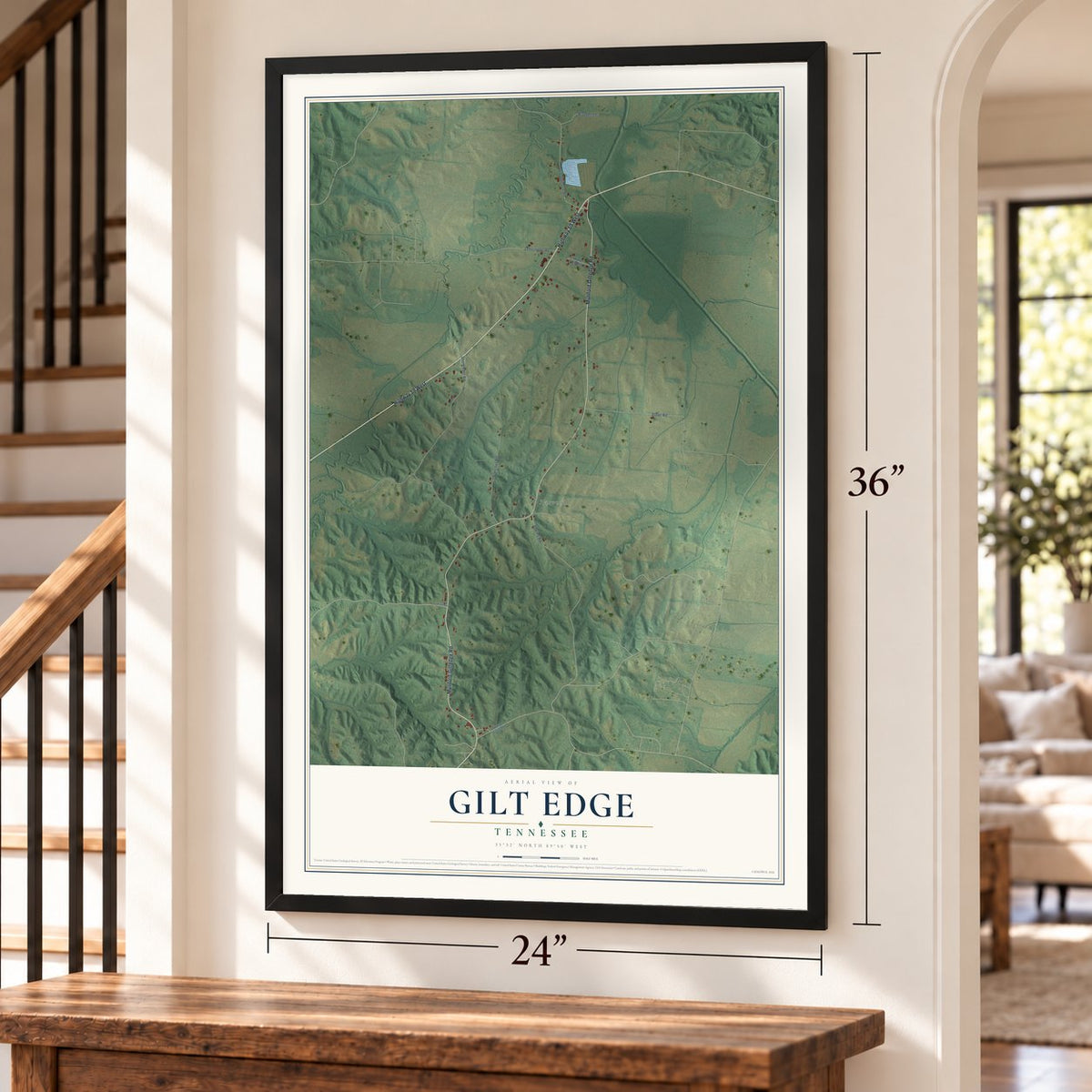 Gilt Edge, Tennessee map, 24 x 36 inch print in a black frame by a staircase