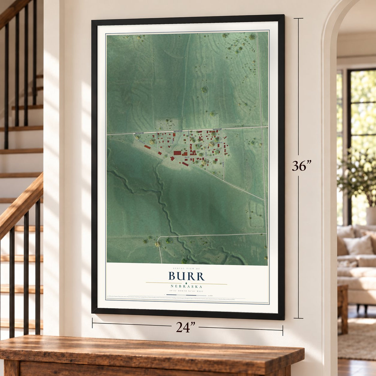 Burr, Nebraska map, 24 x 36 inch print in a black frame by a staircase