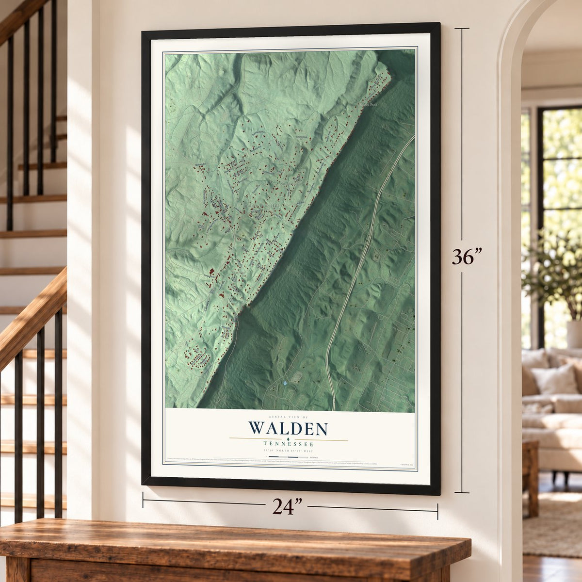 Walden, Tennessee map, 24 x 36 inch print in a black frame by a staircase