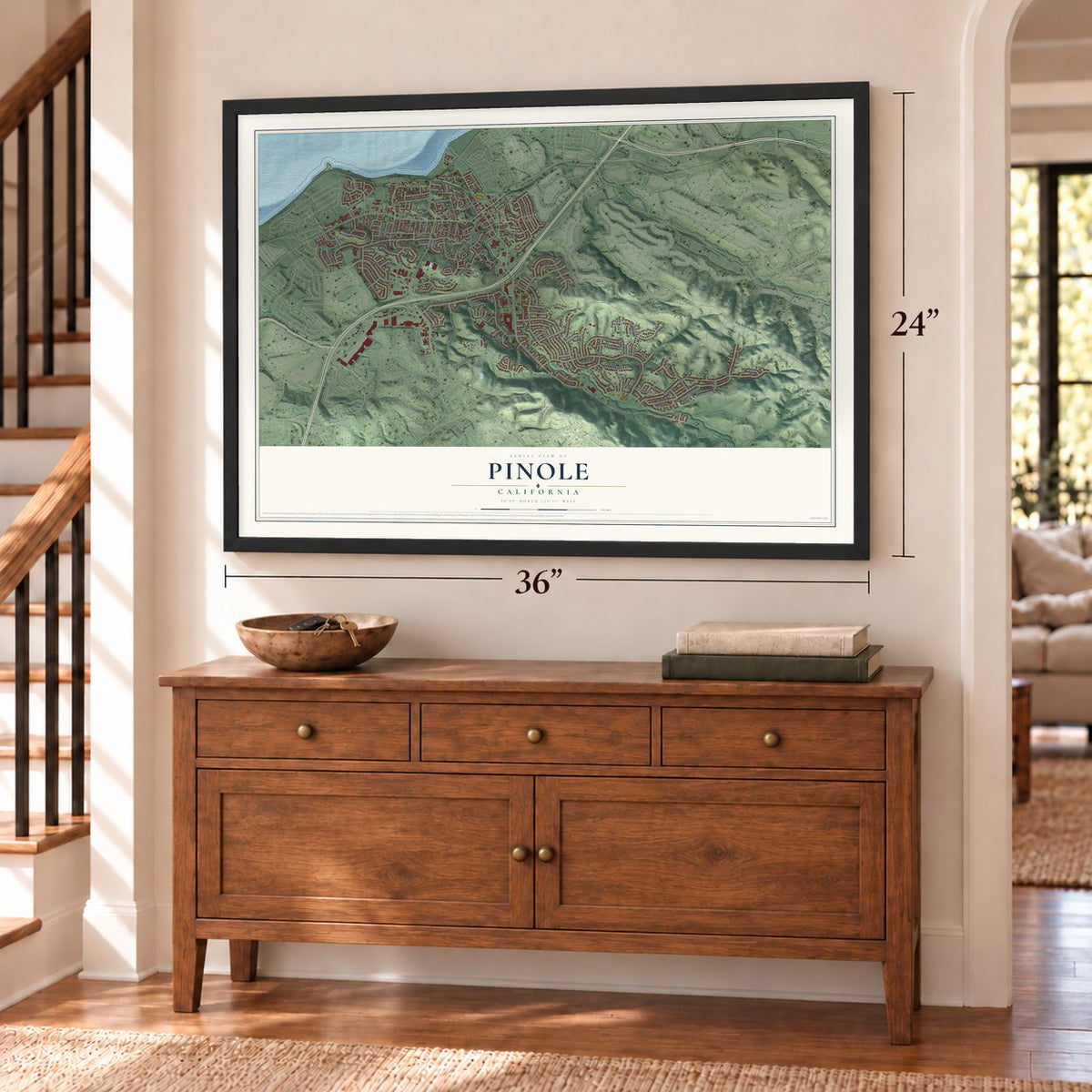 Pinole, California map, 24 x 36 inch print in a black frame above a dresser by a staircase