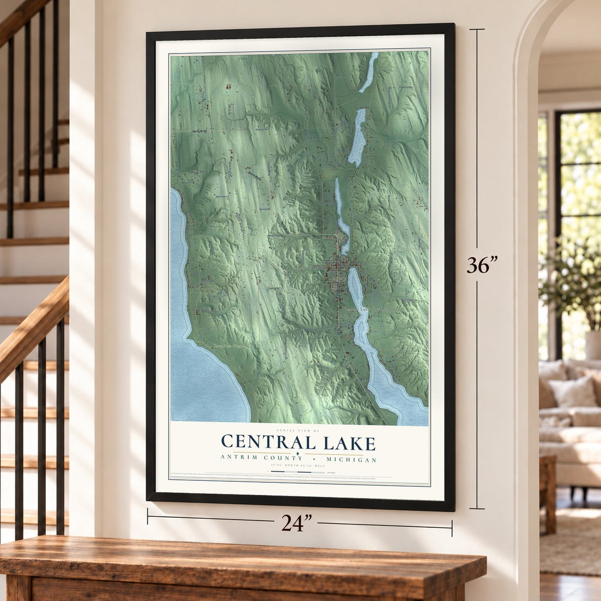 Central Lake, Antrim County, Michigan map, 24 x 36 inch print in a black frame by a staircase